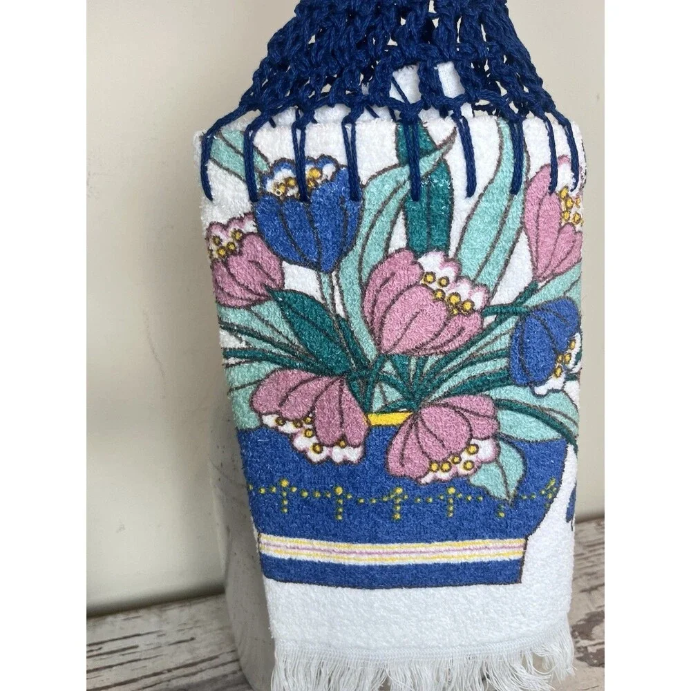 Vintage Crocheted Top Terrycloth Kitchen Hand Towel Florals Blues Pinks Retro